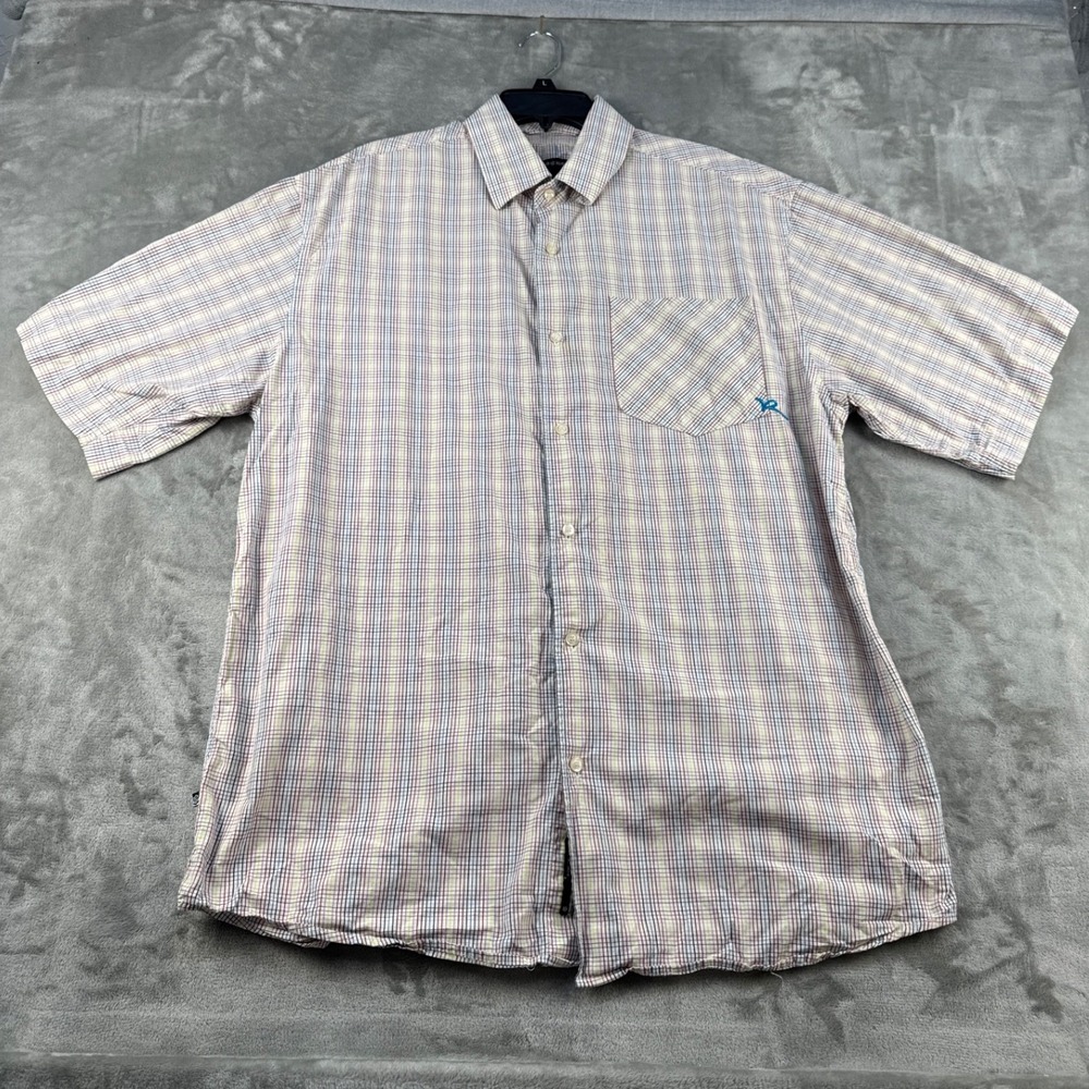 Rocawear Button-Down Shirt Mens 2XL Short Sleeve White Multi Graph Check EUC